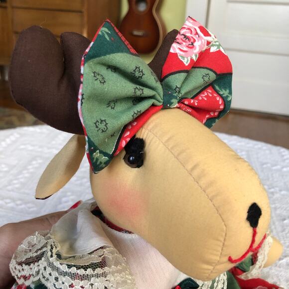 Handmade Country Christmas Moose Doll 16” Patchwork Lace Dress Farmhouse Decor - Picture 3 of 16